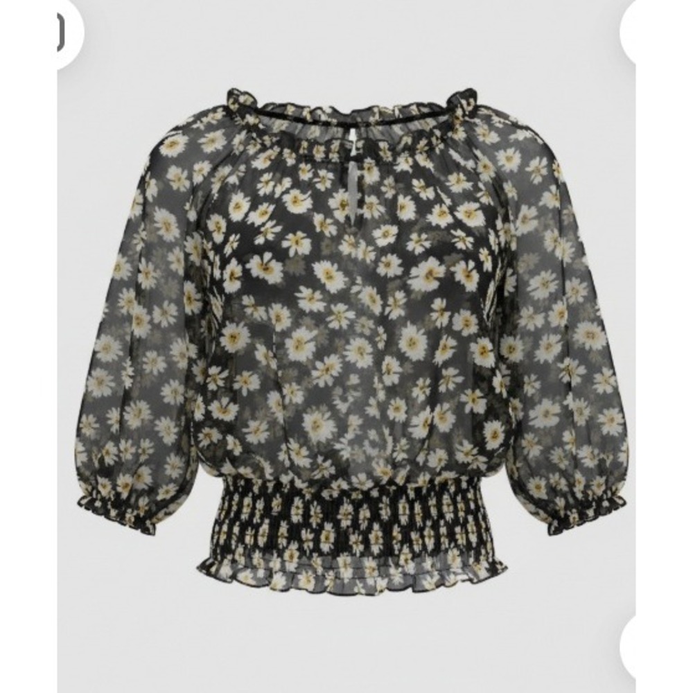 Truth NYC Womens XS Black Daisy Floral Smocked Waist Sheer Chiffon Blouse Top - Picture 5 of 5